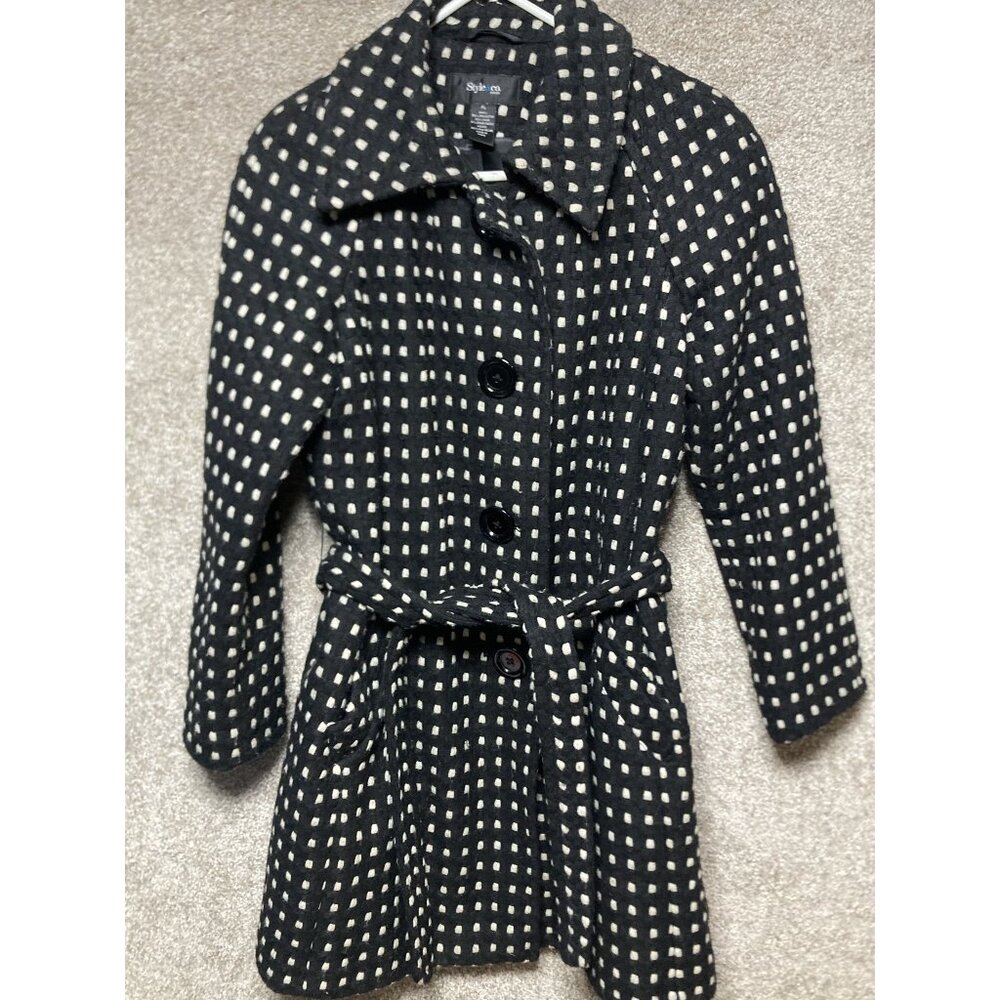 VTG Style & Co Black & White Basket Weave Belted Wool-Blend Coat Petite Large